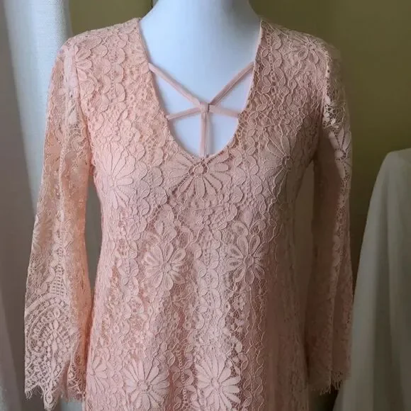 Altar'd State Small Pink Lace Dress with Fringe and Back Detail, NEW - Picture 2 of 12